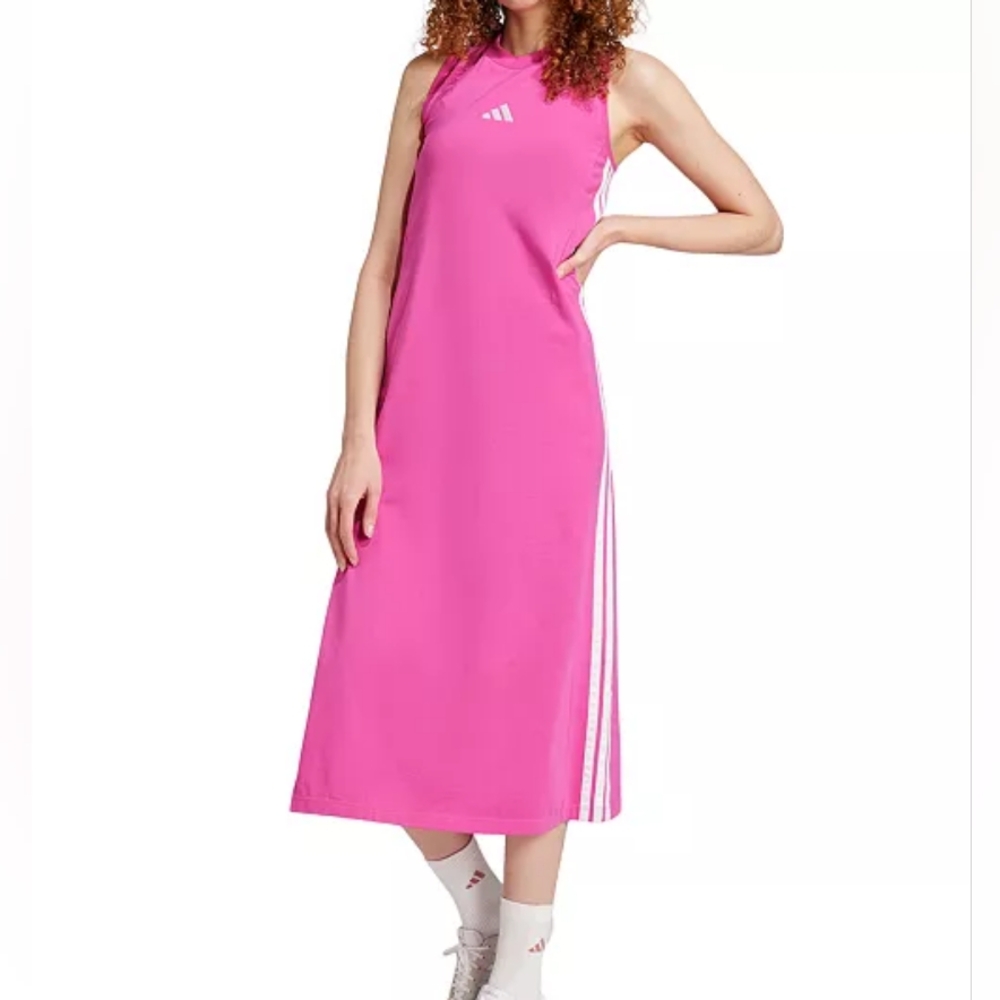 Adidas Essentials 3-Stripes Long Racerback Dress Semi Lucid Fuchsia/White Bnwt